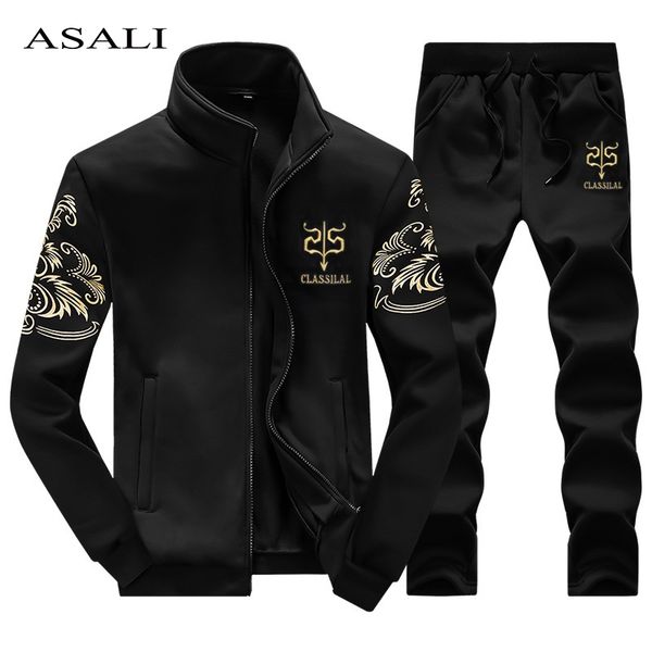 

asali tracksuit men sportswear casual mens set autumn outwear jacket + pants 2 piece sets man fashion print fitness clothing xxl, Gray
