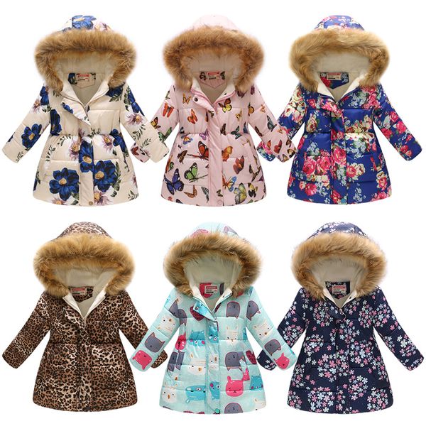 

3-10 years kids winter jacket baby girl warm cotton down jacket coat butterfly flower hooded outerwear for girls clothes mle418, Blue;gray