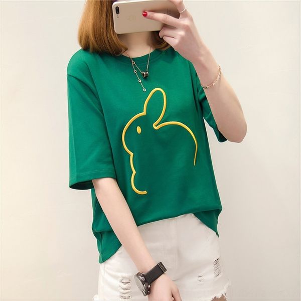

2019 summer clothes all-match rabbit embroidery embroidered short sleeve loose base female 2019 summer clothes all-match rabbit t- embroider, White