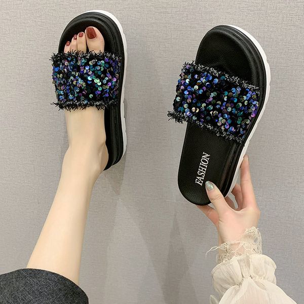 

house slippers platform shoes med slides shose women pantofle flat 2020 summer fabric pu bling rubber cotton, Black