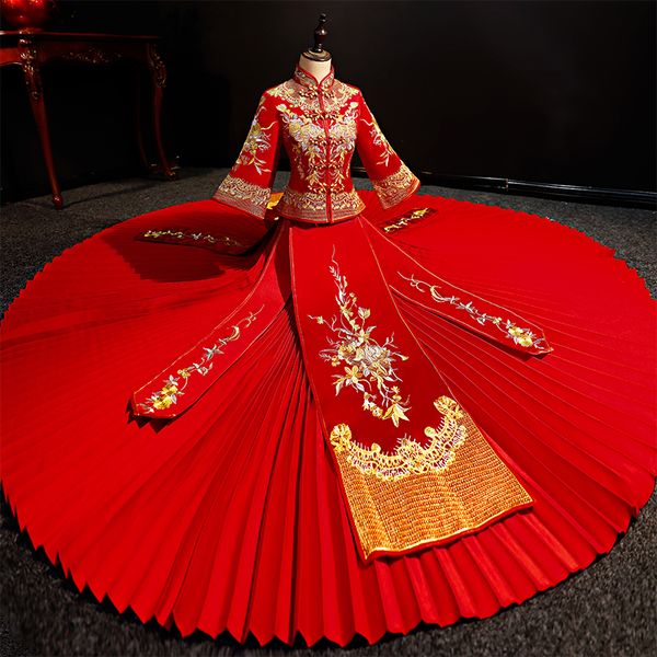 

embroidery party pleated dress satin qipao elegant women cheongsam china traditional stage show clothing vestidos, Red