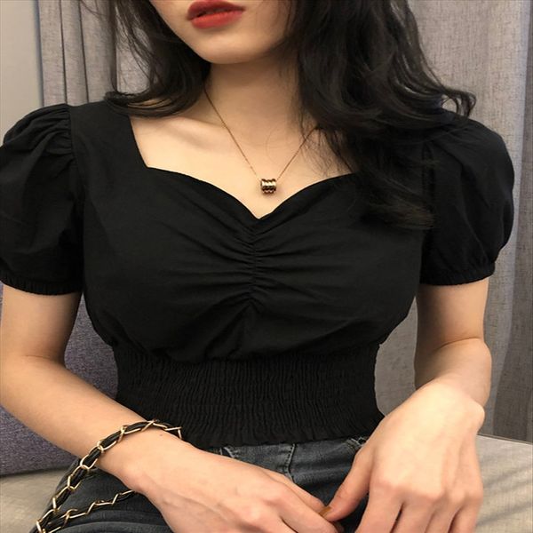 

short-sleeved t-shirt square collar scheming t-shirt navel-exposed female summer 2019 popular temperament slim waist short niche top, White