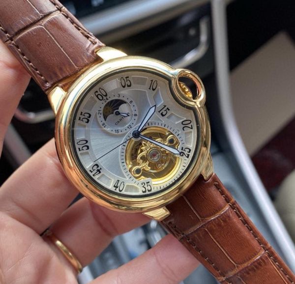 

men's watch fashion swiss movement stainless steel case leather strap tourbillon dial automatic men's watch mechanical, Slivery;brown