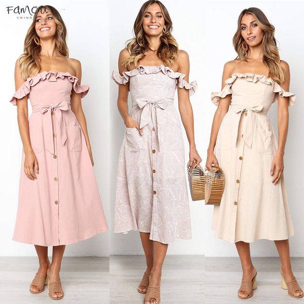 

Women Sexy Summer Dress 2019 Clothes Off Shoulder Beach Dress Buttons Strapless Long Sundress Boho Midi Ladies Designer Ruffles