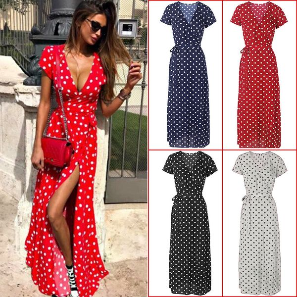 

2020 fashion summer women's dress boho holiday polka dot maxi v-neck long shirt dress short sleeve red fashion long, White;black