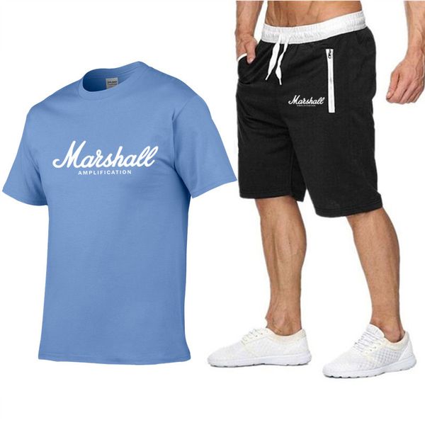 

men t-shirt brand marshall tshirt short-sleeved + shorts 2 piece set 2019 new t shirt male harajuku shirt summer leisure suit, White;black