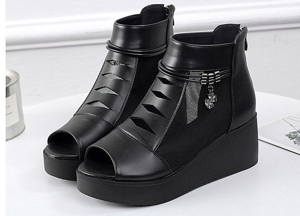 

2019 women's sandals in summer with new style high heel coarse heel slope heel thick bottom waterproof table @2407, Black