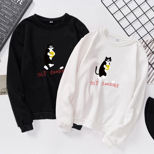 

men women couple clothes sweatshirt casual long sleeve o-neck cat printed autumn spring thin sweatshirt pullover soft loose, Black