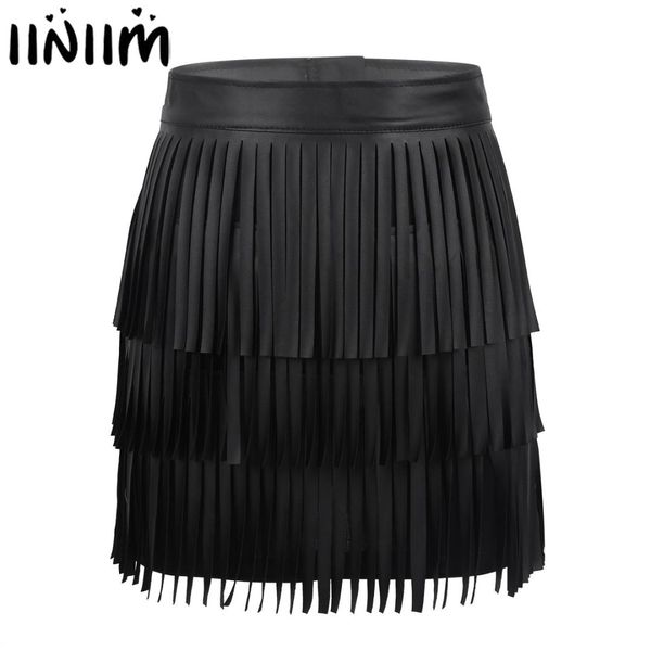 

iiniim womens cocktail skirt hippie boho pu leather high waist layered fringe tassel bodycon night party clubwear mini skirt, Black