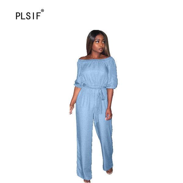 

women's jumpsuits & rompers refreshing blue half sleeve lady slash neck lace-up high waist wide leg pants loose casual, Black;white
