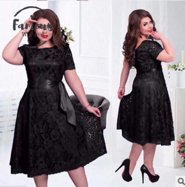

women summer dresses 2020 europe new large size short sleeve lace knee length dress belt wholesale vestidos dropshipping wsp9489, Black;gray