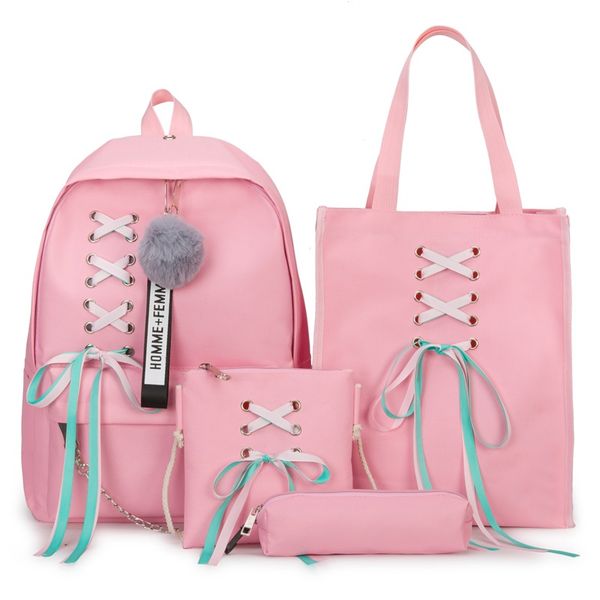

4pcs/set canvas backpack travel rucksacks women casual backpacks for teenage girls school bagpack ribbon bowknot mochila mujer