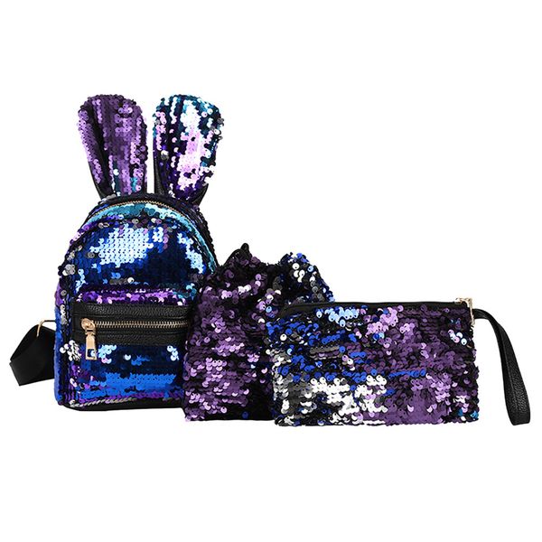 

3pcs women sequins backpack shining mini school bag for girls cute ears rucksack shoulder mini clutch mochila feminina