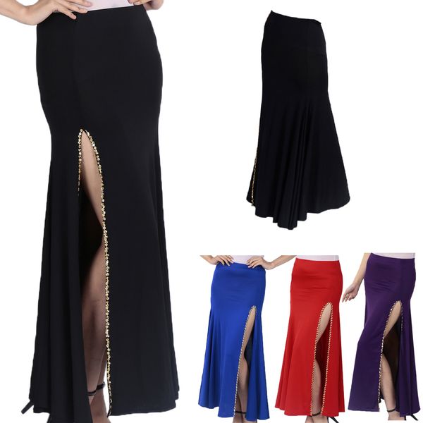 

women's belly dance costumes one side slit long skirt tight hip split skirt, Black;red
