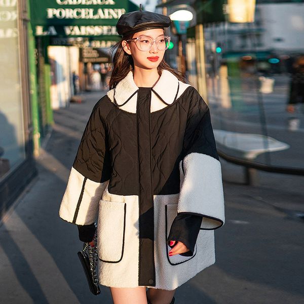 

mevgo2019 new winter thicked warm women parka long patchwork turn down collar korean autumn wool plush coat female hd3205, Black
