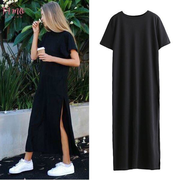 

autumn basic side high slit long t shirt women dress short sleeves black new fashion clothing, Black;gray