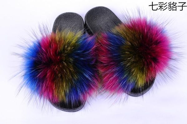 

spring and summer new european station europe and america fox hair flat bottom word wool korean version fur outside wear home slippers, Black