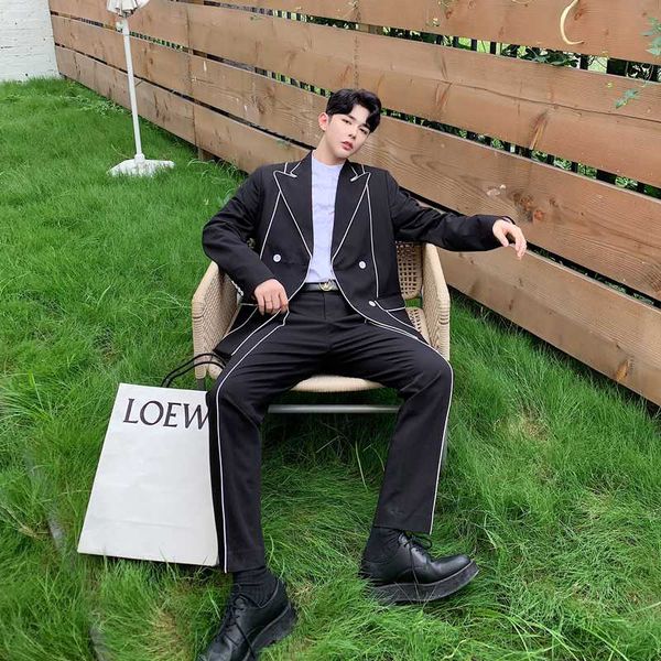 

(jacket+pant) streetwear double breasted suit coat pant blazer trouser stage clothing casual men 2 pcs suits sets male edge-wrap, White;black