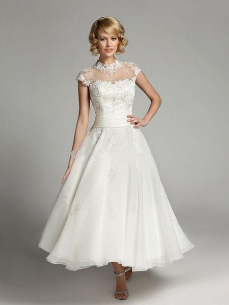 

modern vintage high neck a-line wedding dresses ankle length applique lace beaded short bridal gowns custom made wedding dresses, White