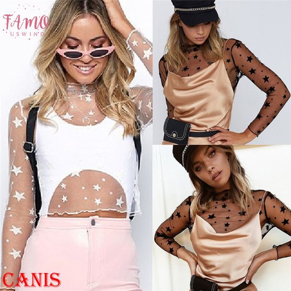 

women star print transparent mesh sheer long sleeve shirt crop short turtleneck slim clubwear blouse shirt new, White
