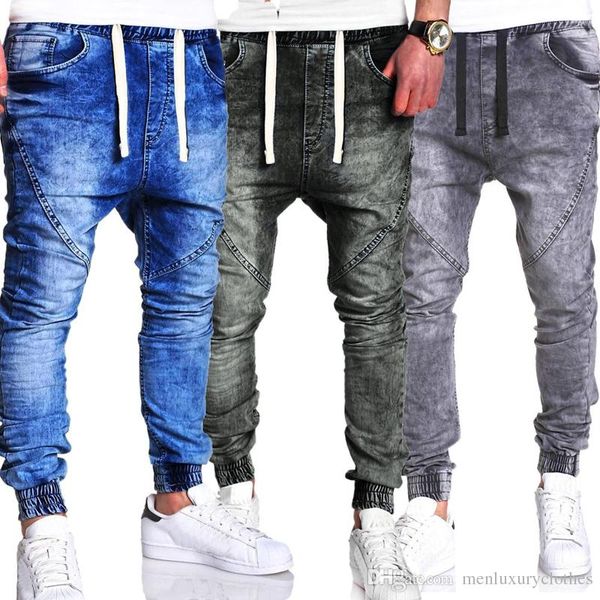 

washed mens designer harem jeans black blue elastic waist hiphop casual loose jeans