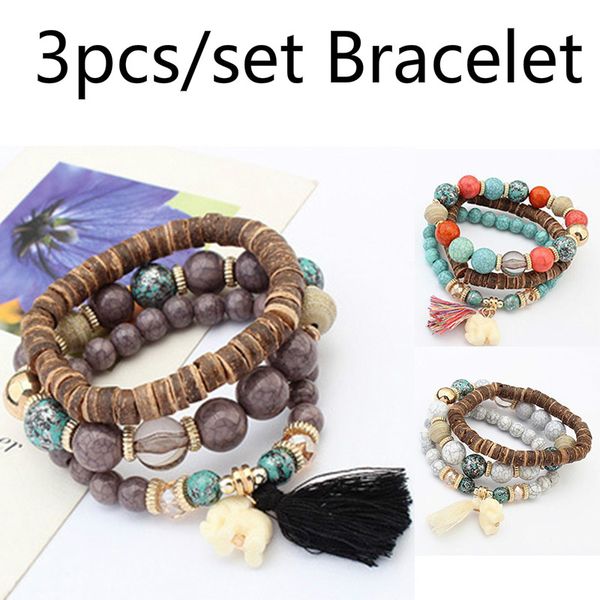 

beaded, strands 2021 women's 3pcs/sets fashion bracelet simple lace elephant pendant tassel beads wood temperament geometric, Black