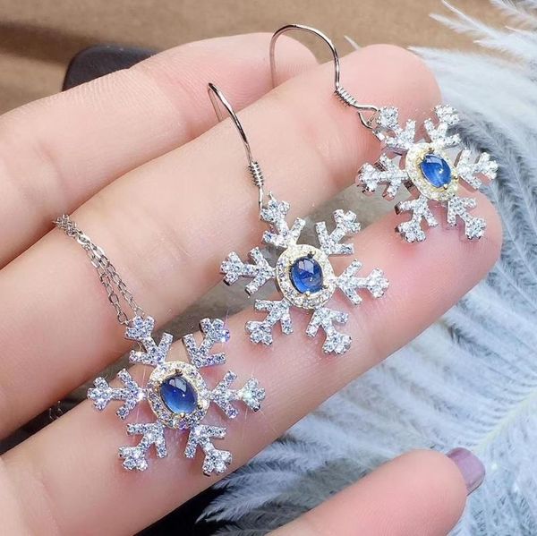 

smiling snowflake stars natural blue sapphire s925 silver drop earrings pendant natural gemstone jewelry set girl birthday gift, Black