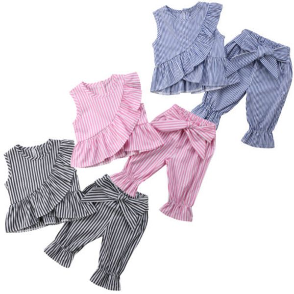 

summer trendy toddler girl clothes set striped print sleeveless ruffle shirt long bow knot belt pants 2pcs outfit
