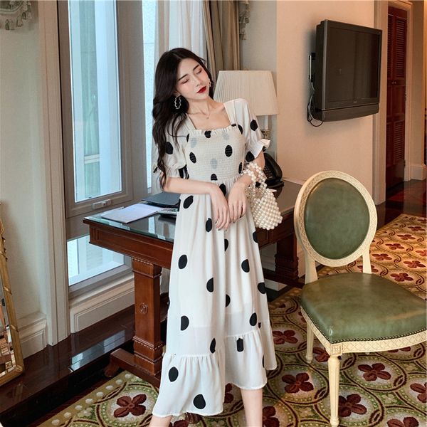 

summer's new style looks thin, square collar bubble sleeve korean version high waist long skirt a-shaped dot, Black;gray