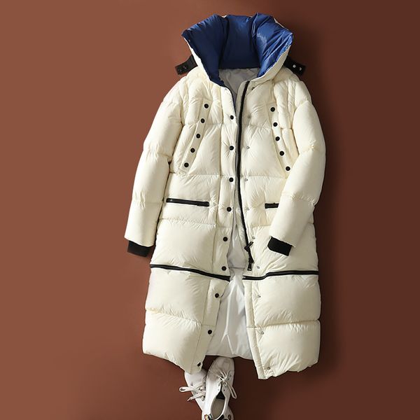 

new white duck down jacket women winter stand collar detachable hem female fashion long thick warm down coat parkas outerwear, Black