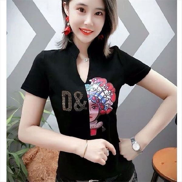 

summer short-sleeved t-shirt women all-match slim stitching v-neck western style small shirt, White