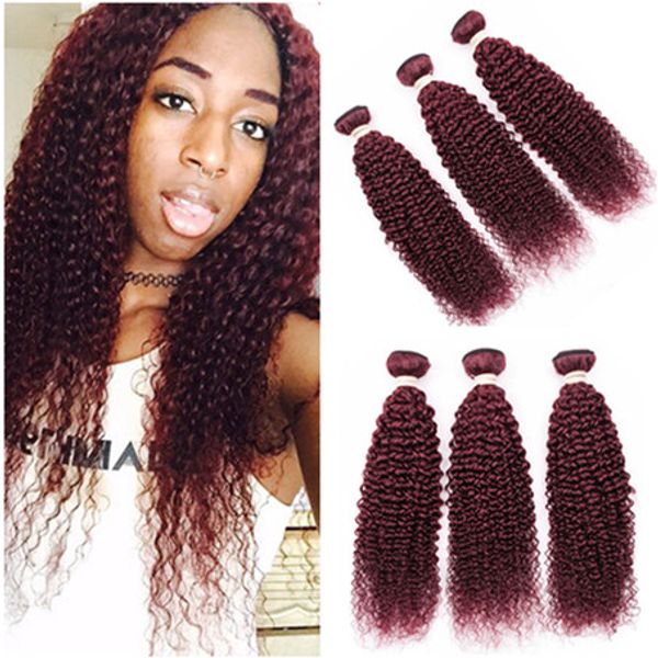 Burgundy Red Peruvian Virgin Human Hair Weaves Kinky Curly Pure