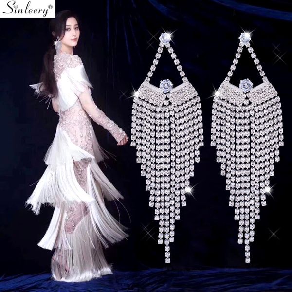 

sinleery игристой длинной кисточки свадебных падения серебряных серьги цветный цирконий свадебные серьги для женщин ювелирных изделий es020, Silver