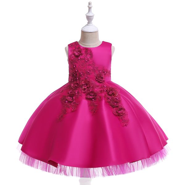 

new arrival o neck satin flower girls dresses floor length birthday wedding party formal clothing with applique, White;blue