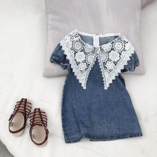 

2020 summer big lace collar baby girls denim princess dress toddlers kids dress children costumes t200417, Red;yellow