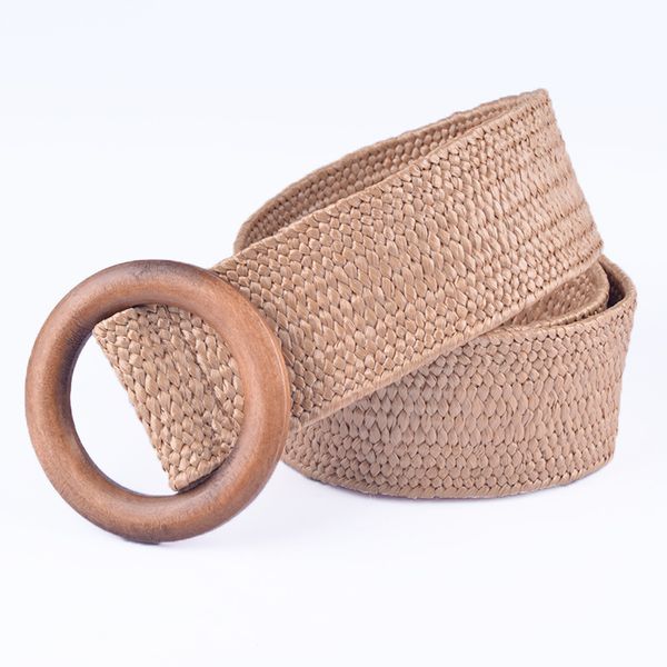 

dress belt round wooden buckle for women casual female braided wide strap female designer woven girls elastic pp straw belts, Black;brown