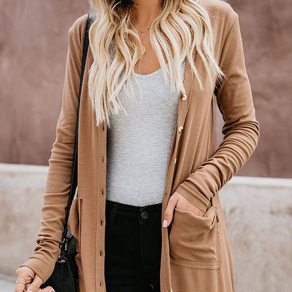 

Â khaki long cardigan women cashmere solid knit sweater women long sleeve winter 2019 pockets female cardigan, Black