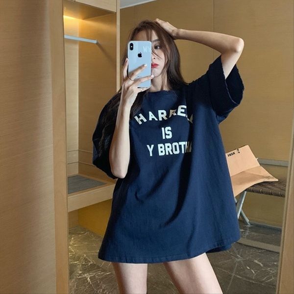 

letter t- women's loose printed short-sleeved 2020 round shirt collar inside base shirt ins fashion, White