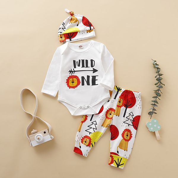 

0-18m autumn baby girl boy long sleeve letter romper animal pattern trousers hat outfits clothes newest, White