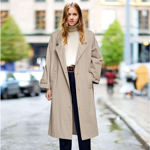 

2019 autumn new women casual trench coat long sleeve classic single breasted female pocket long outerwear loose clothing, Tan;black