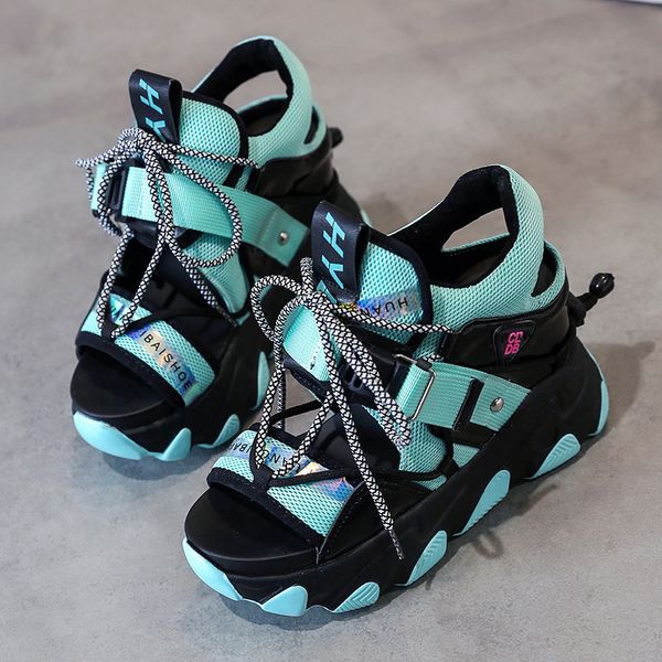 

leisure lady platform chunky sandals mixed color lace up buckle punk sandals women open toe beach casual shoes woman a340, Black