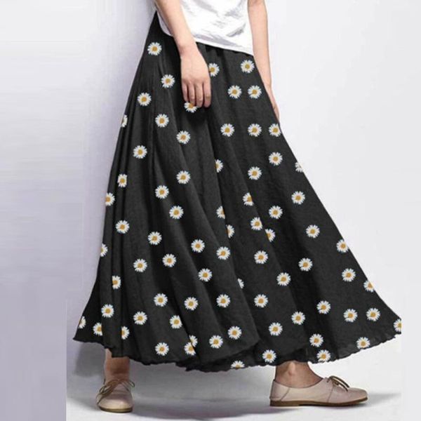 

women summer skirt causal little daisy print loose split long skirt loose elegant high waist skirts dance women 2020 skirts, Black