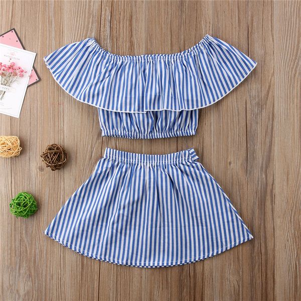 

summer casual kid baby girl clothes set clothing off shoulder shirt crop +bow tie tutu skirt 2pcs children striped outfits baby clothes, White