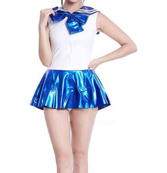 Costume sexy donne rossa e blu di Unicolor Super lucido metallizzato Zentai Catsuit per l'uniforme mini vestito della ragazza