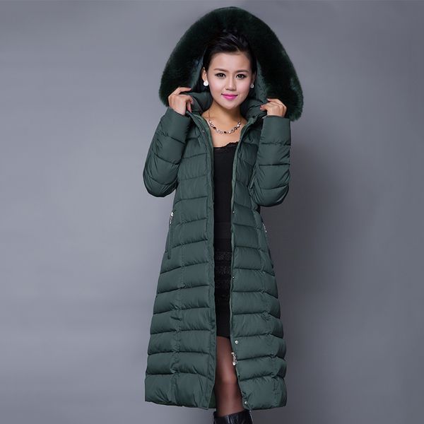 

plus size 4xl 5xl 2019 winter women down jacket with fur collar hooded warm thicken female coat solid long ladies parka, Black