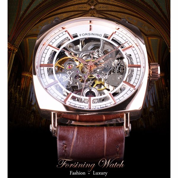 

luxury skeleton transparent leather fashion royal forsining mechanical golden brand genuine brown automatic men watches rose hrwgu, Slivery;brown