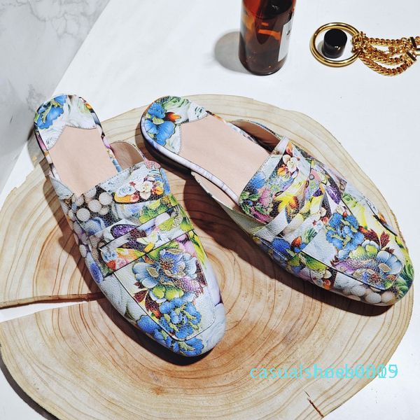 

floral print real genuine leather mules shoes women square toe slip on low heel slippers ladies date spring autumn shoes l15, Black