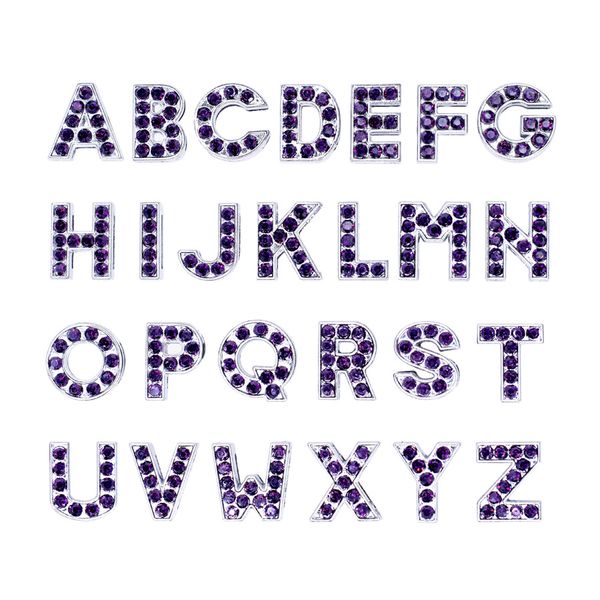 

52pcs purple crystal letter slide charms rhinestone initial alphabet sliders fit for 8mm leather bracelet keychains phone straps, Bronze;silver