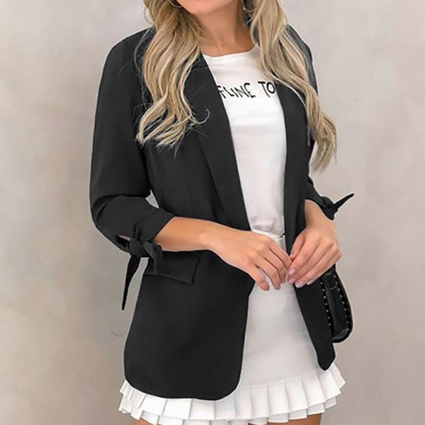 

women's blazers fashion long sleeve blazer suit jacket ladies slim coat casual cardigan solid color outwear bow ladies blazers, White;black