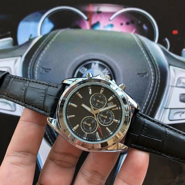 

new luxury mens quartz steel watches sports genuine leather fashion chronograph wristwatch big dial with date casual swatch, Slivery;brown